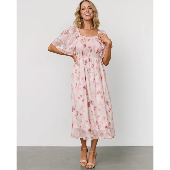 BALTIC BORN Flora Midi Dress In Blush Print - Picture 1 of 4